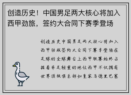 创造历史！中国男足两大核心将加入西甲劲旅，签约大合同下赛季登场